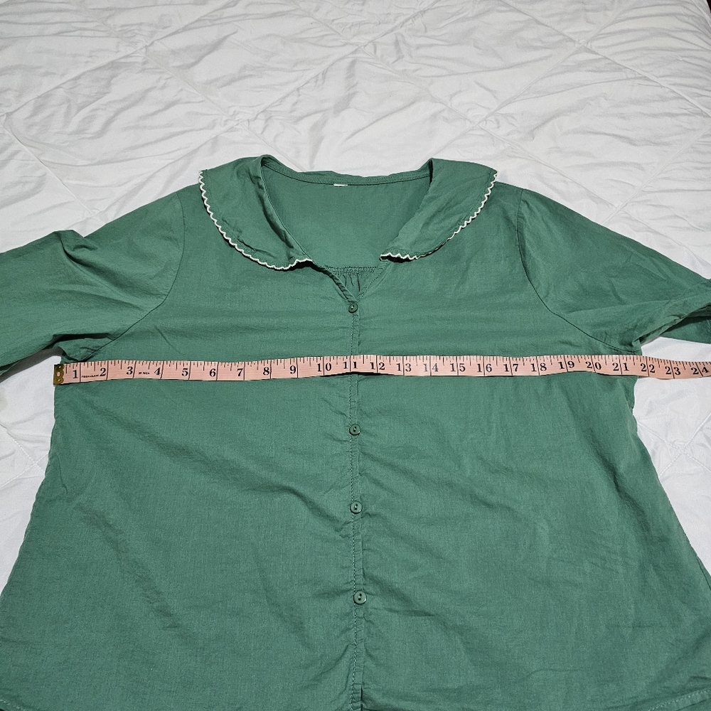 Vintage Green Blouse Short Sleeve Lightweight Romantic Peter Pan Collar - Picture 10 of 13